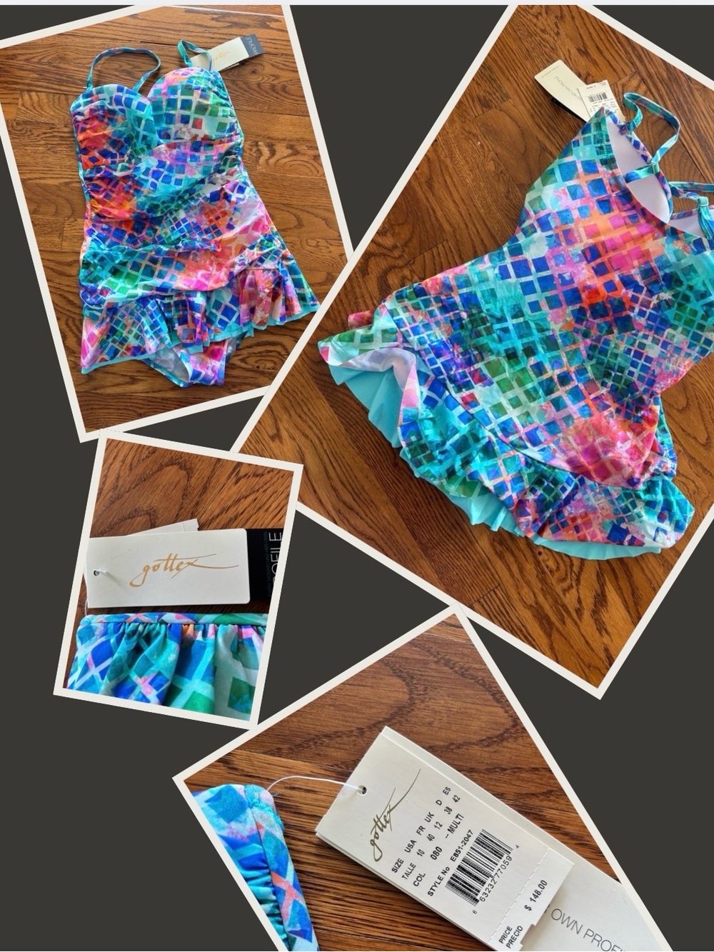 Gottex Multicolor Mosaic Tile-Print Ruffle Hem One-Piece Swimsuit NWT